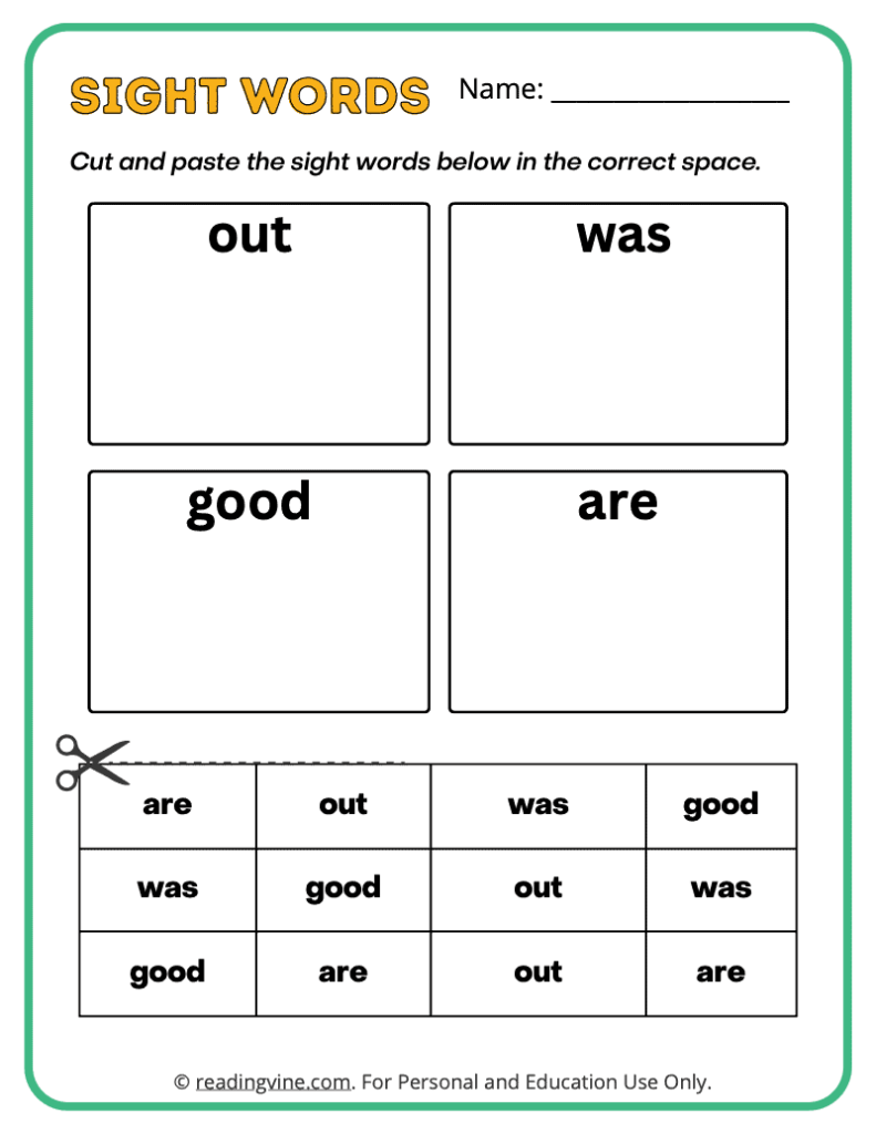 Kindergarten Cut and Paste Sight Words 1