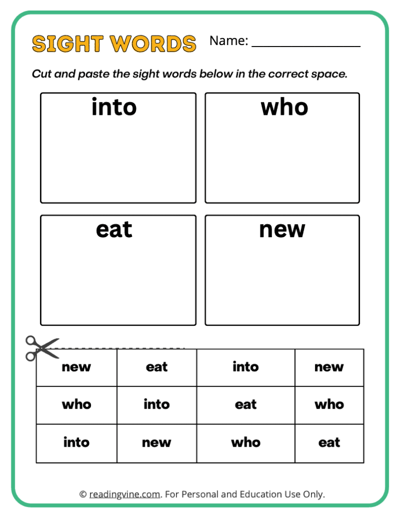 Kindergarten Cut and Paste Sight Words 10