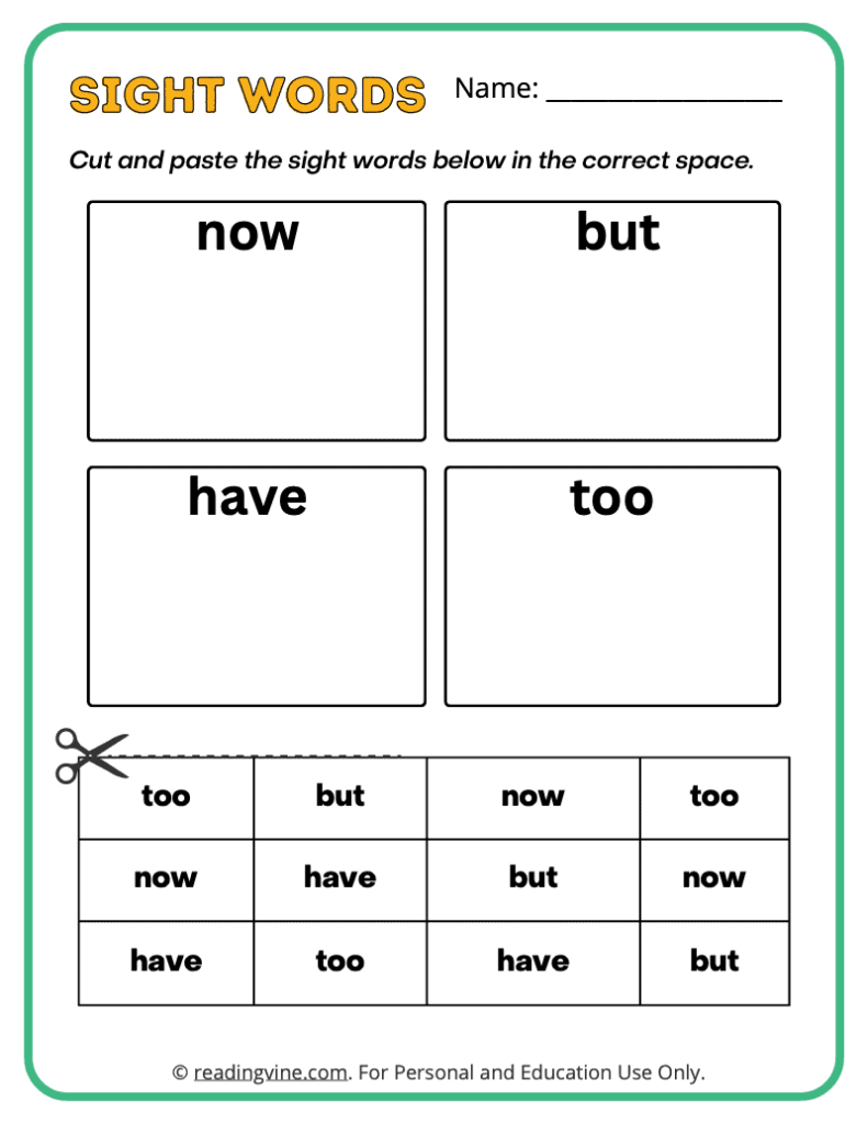 Kindergarten Cut and Paste Sight Words 11