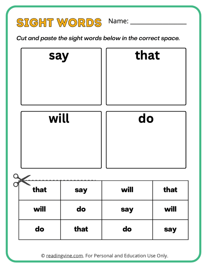 Kindergarten Cut and Paste Sight Words 12