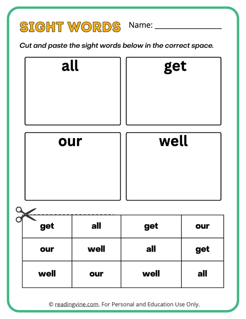 Kindergarten Cut and Paste Sight Words 13