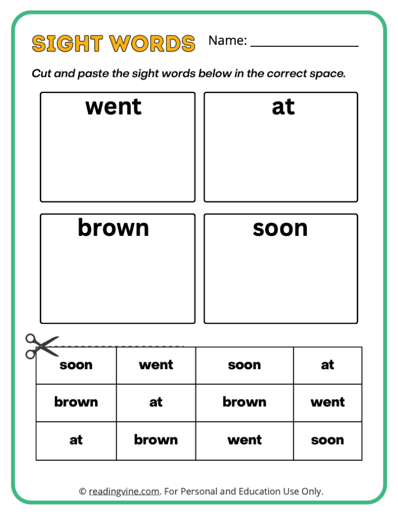 Kindergarten Cut and Paste Sight Words 2