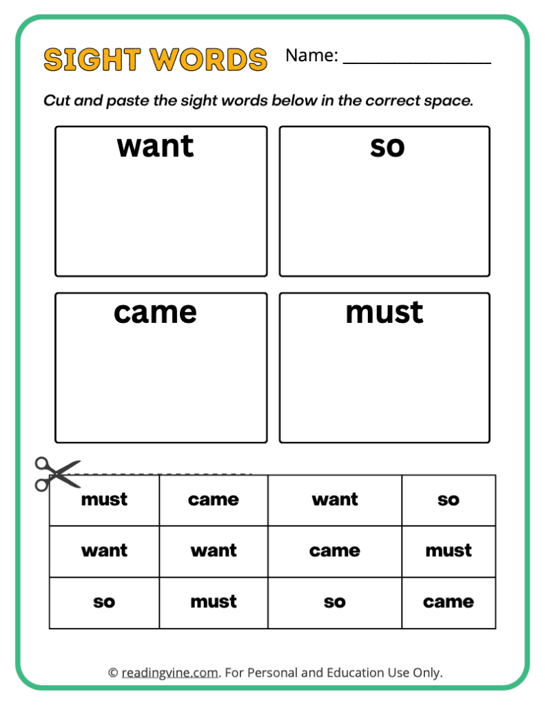 Kindergarten Cut and Paste Sight Words 3