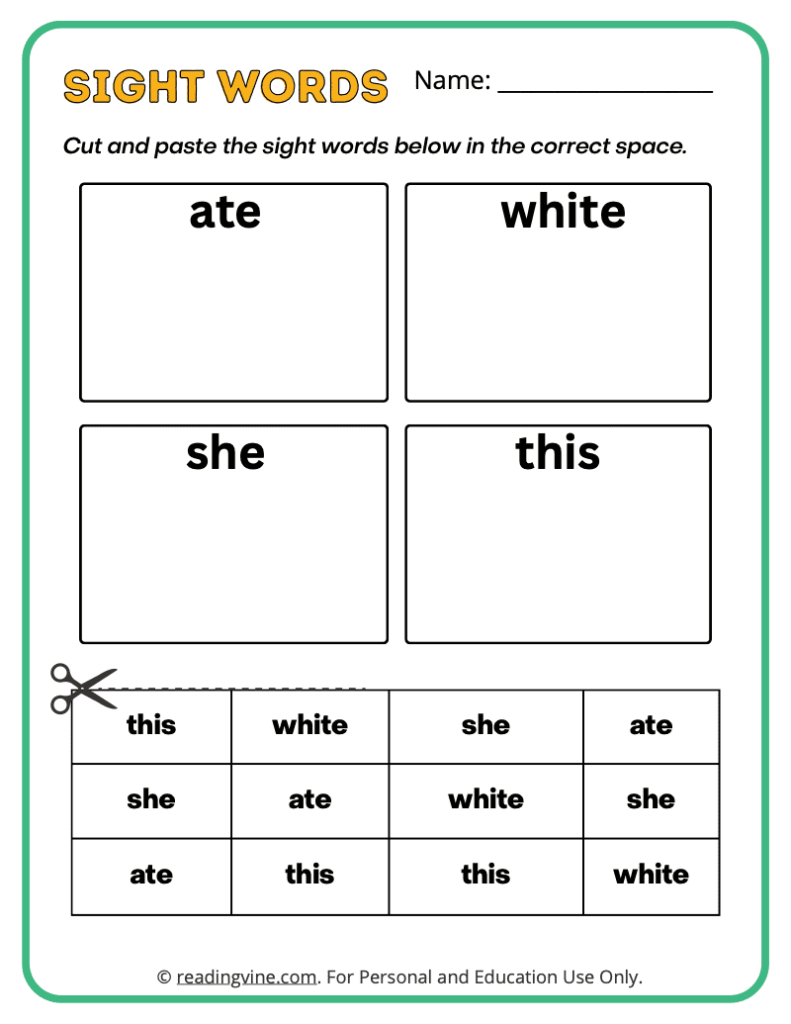 Kindergarten Cut and Paste Sight Words 4