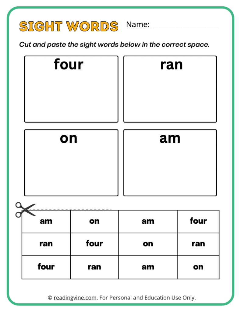 Kindergarten Cut and Paste Sight Words 5