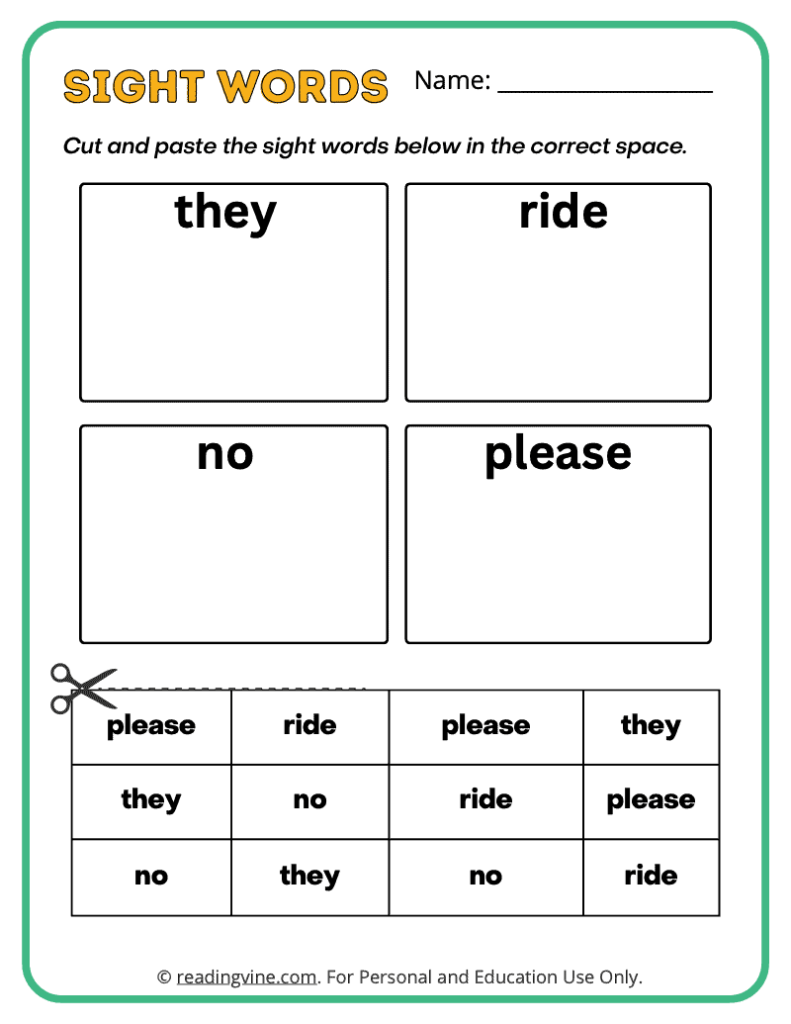 Kindergarten Cut and Paste Sight Words 6