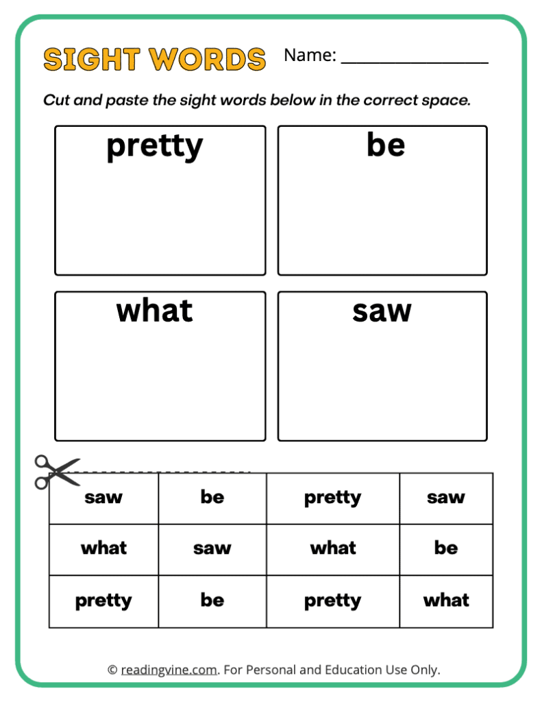 Kindergarten Cut and Paste Sight Words 7