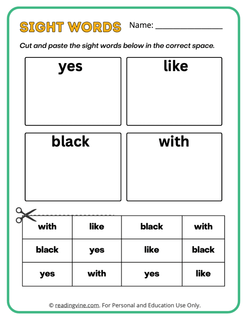Kindergarten Cut and Paste Sight Words 8