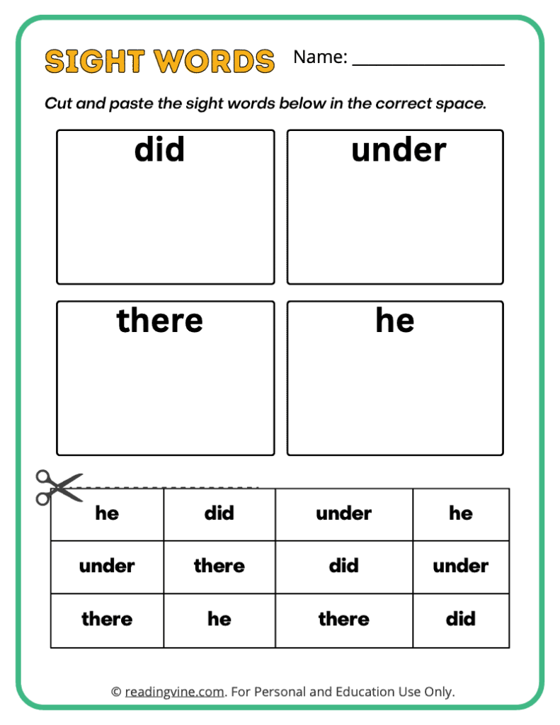 Kindergarten Cut and Paste Sight Words 9
