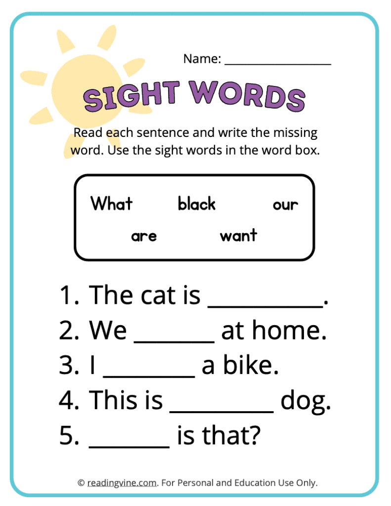 Kindergarten Fill in the Blank Sight Words 1