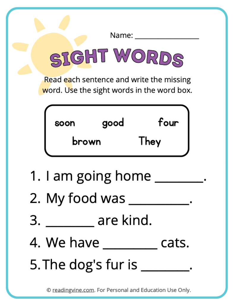 Kindergarten Fill in the Blank Sight Words 3
