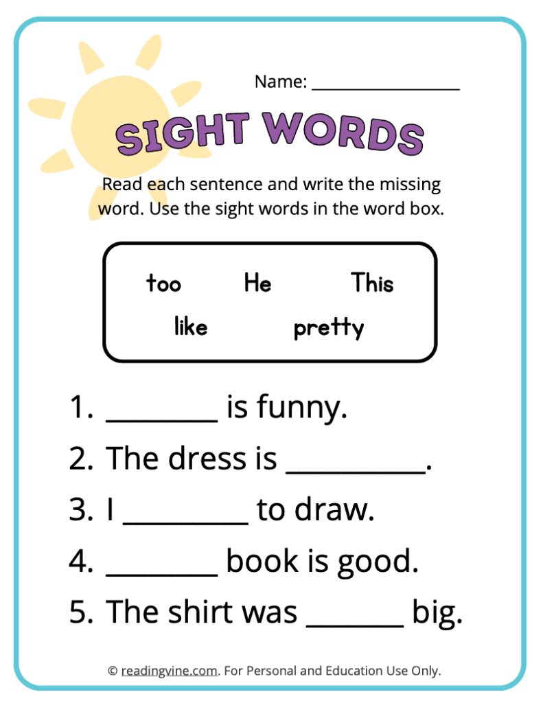 Kindergarten Fill in the Blank Sight Words 4