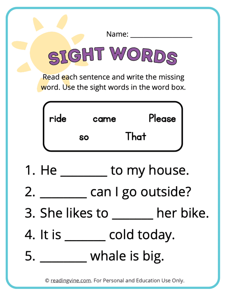 Kindergarten Fill in the Blank Sight Words 6