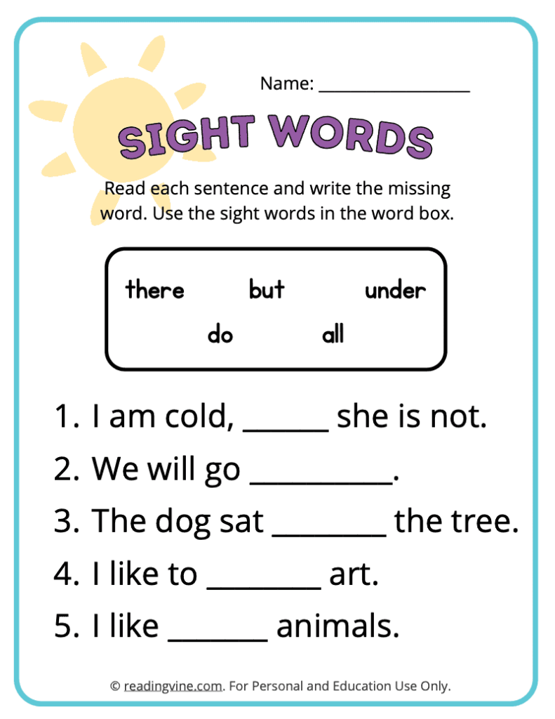 Kindergarten Fill in the Blank Sight Words 7