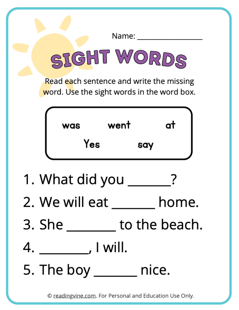 Kindergarten Fill in the Blank Sight Words 9