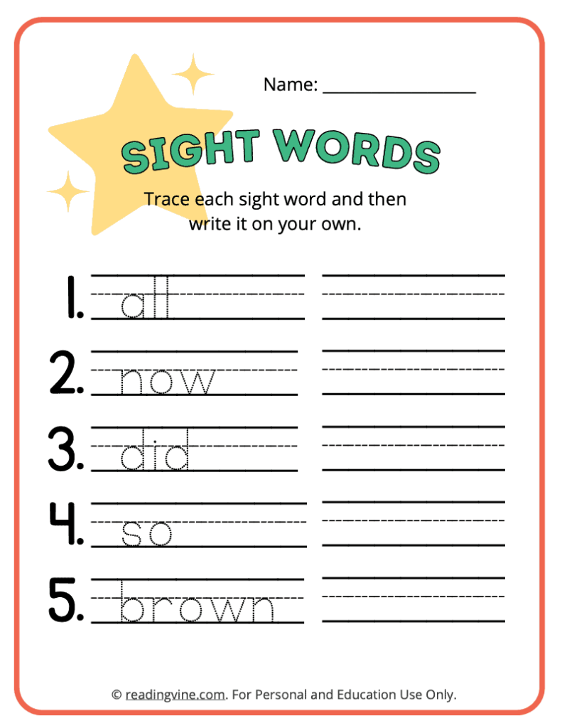 Kindergarten Tracing Sight Words 1