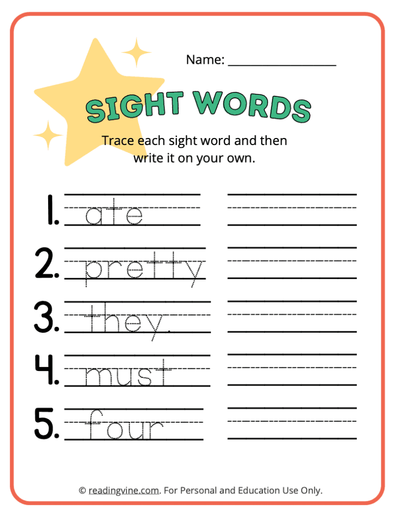 Kindergarten Tracing Sight Words 4