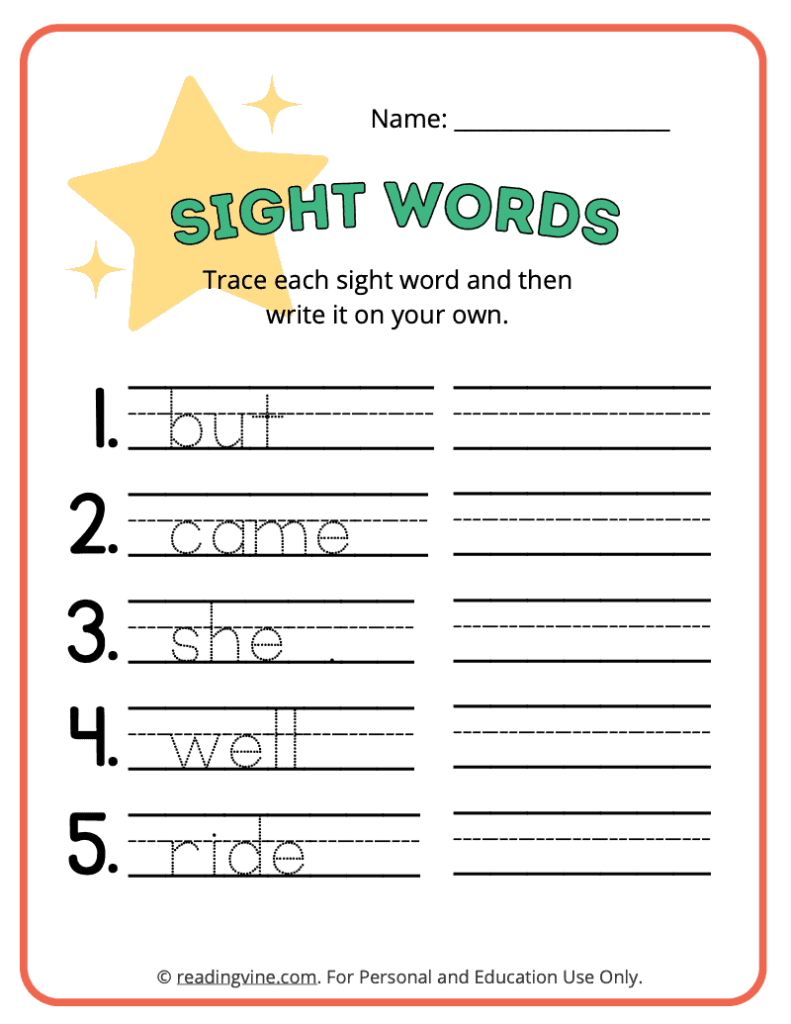 Kindergarten Tracing Sight Words 6