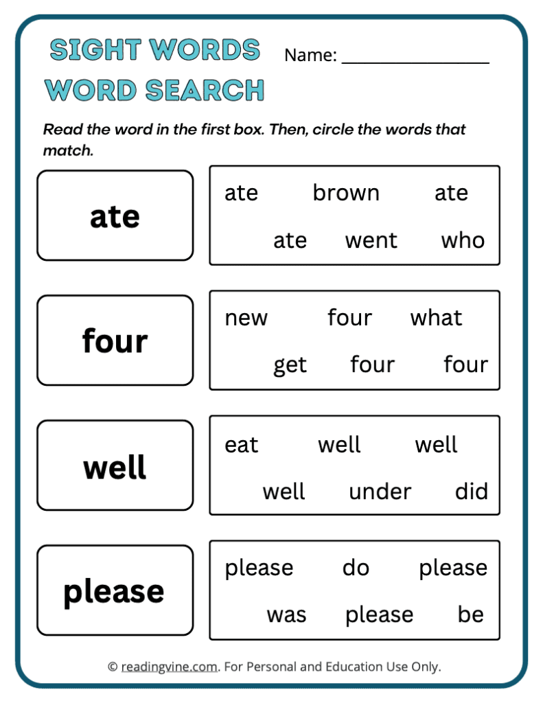Kindergarten Word Search Sight Words 1