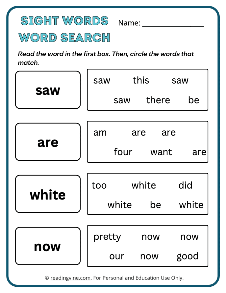 Kindergarten Word Search Sight Words 10