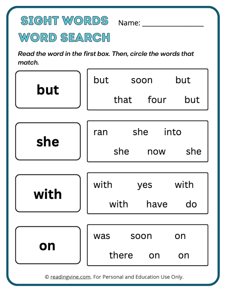 Kindergarten Word Search Sight Words 11