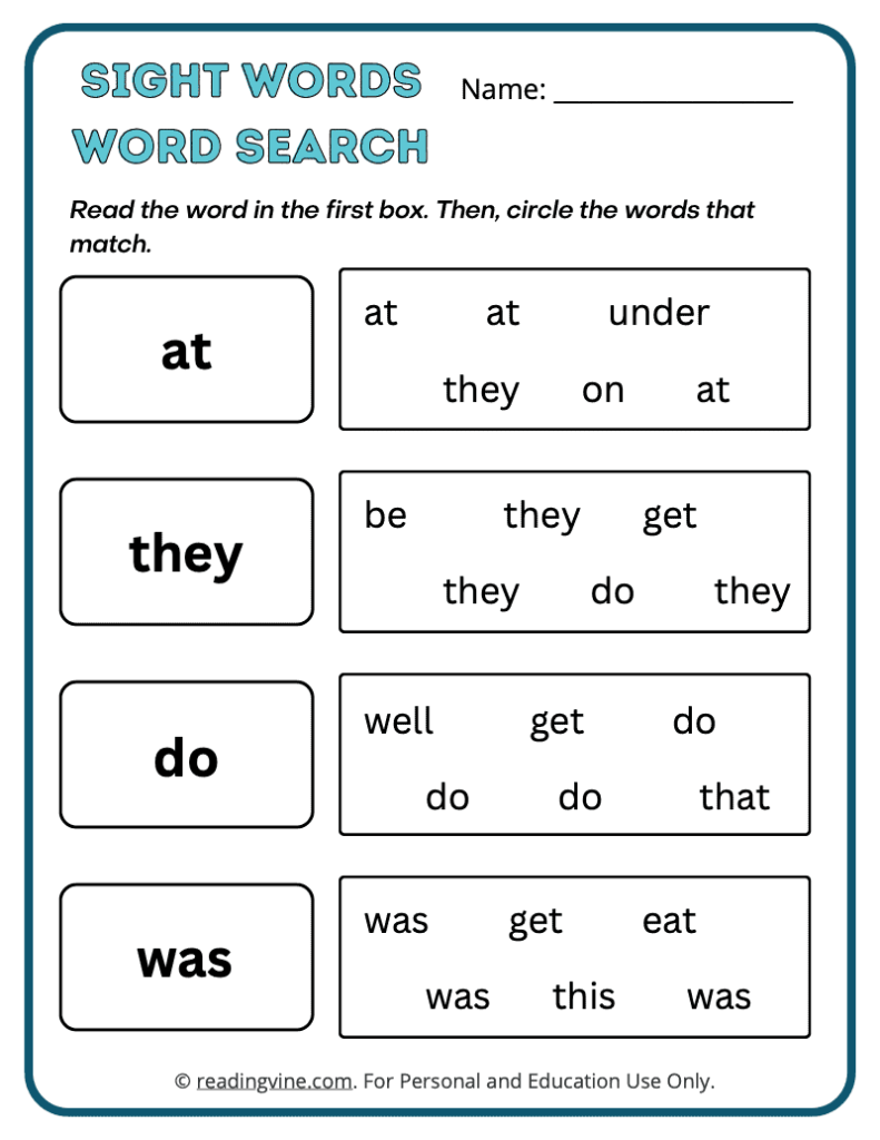 Kindergarten Word Search Sight Words 12
