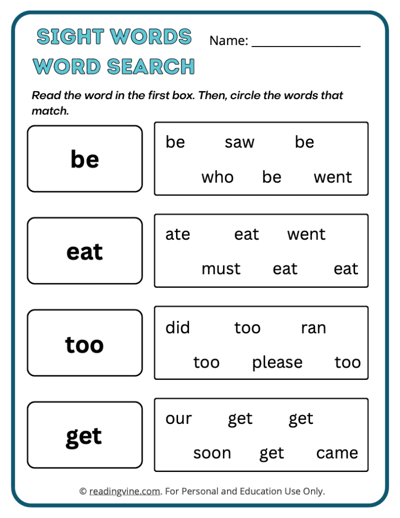 Kindergarten Word Search Sight Words 13
