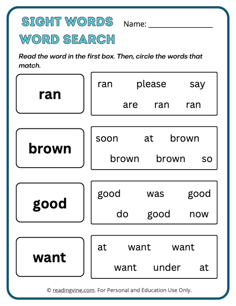 Kindergarten Word Search Sight Words 2