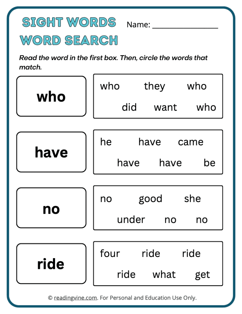 Kindergarten Word Search Sight Words 3
