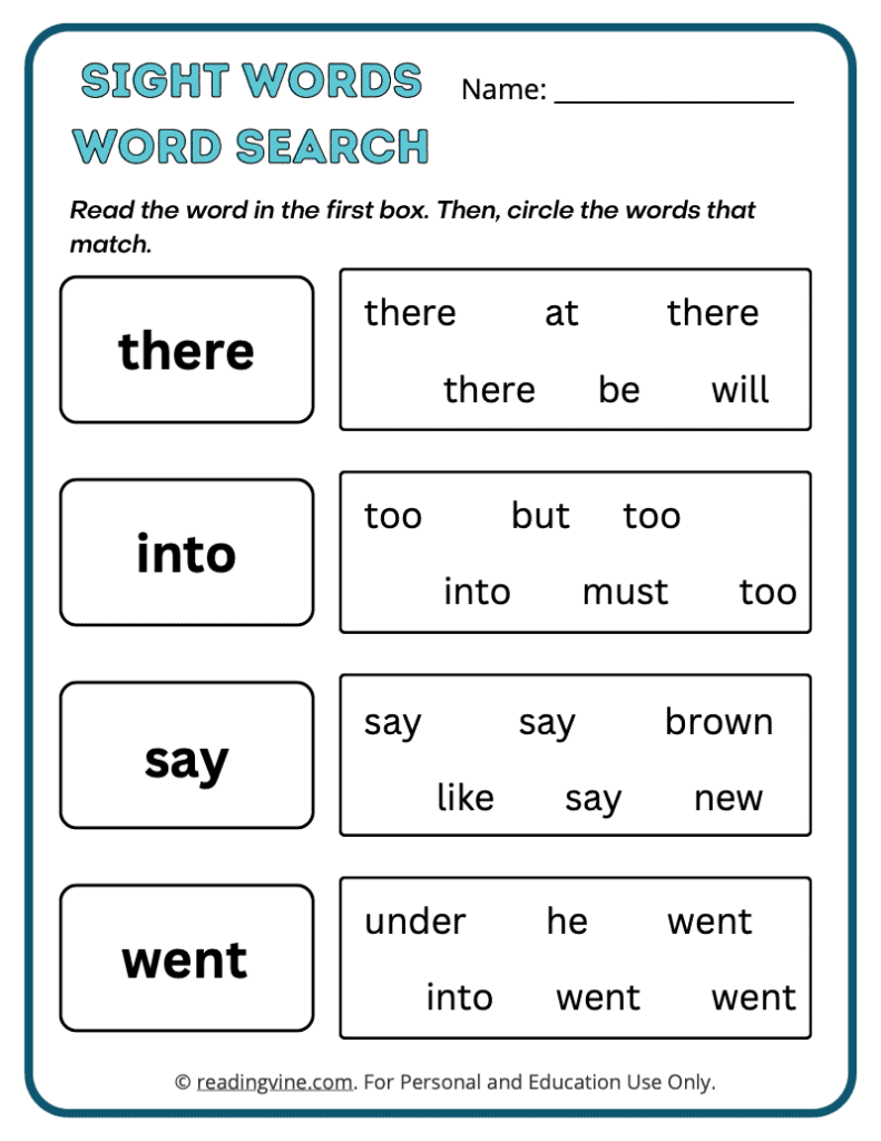 Kindergarten Word Search Sight Words 4