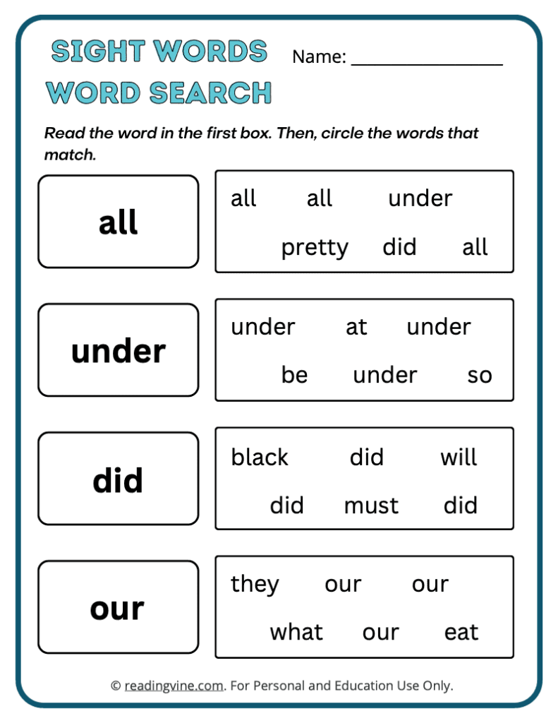 Kindergarten Word Search Sight Words 5