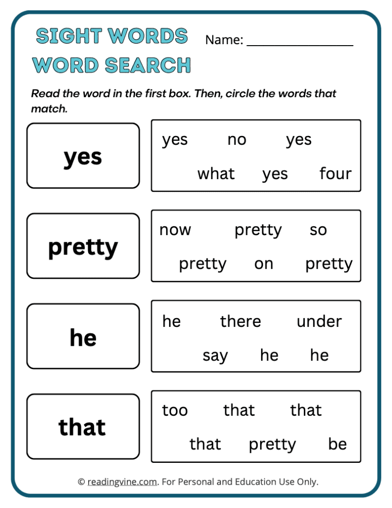Kindergarten Word Search Sight Words 7