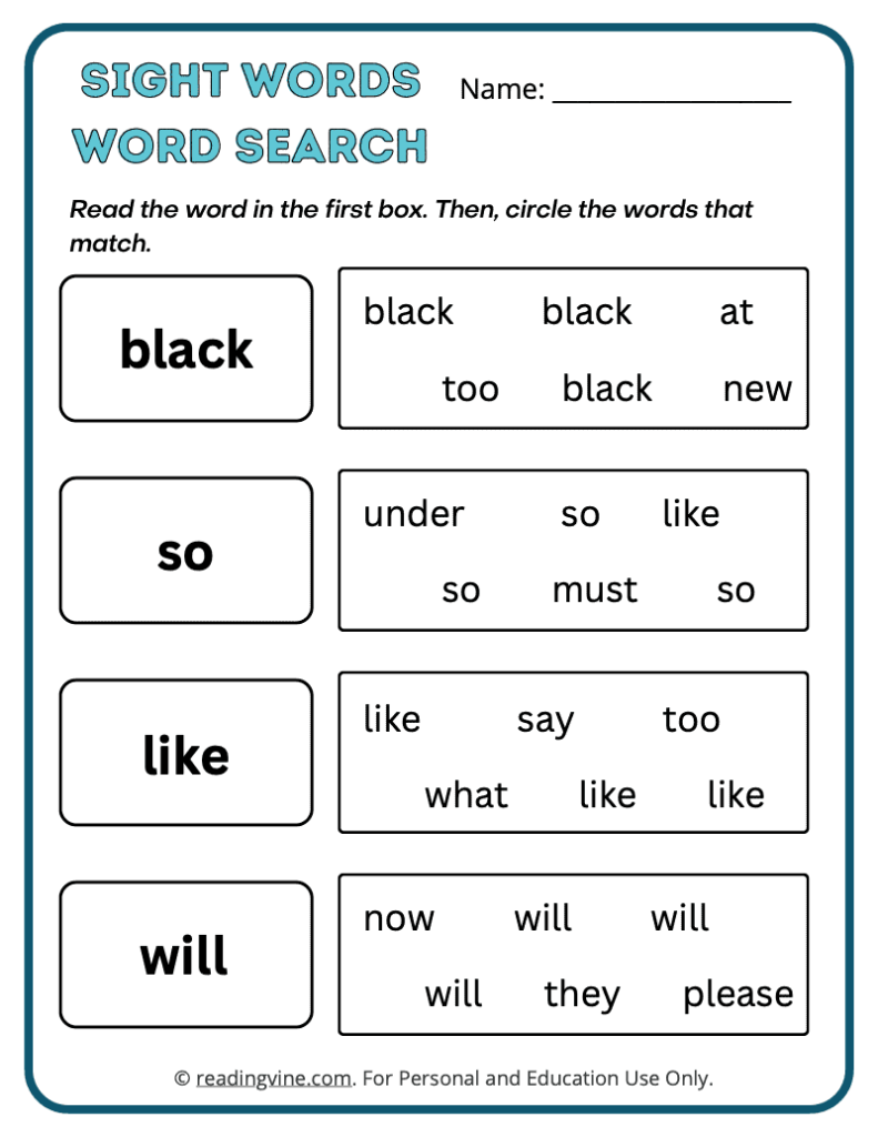 Kindergarten Word Search Sight Words 9
