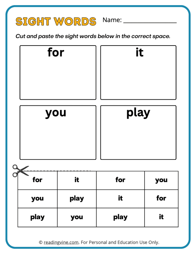Pre-K Cut Paste Sight Words 10