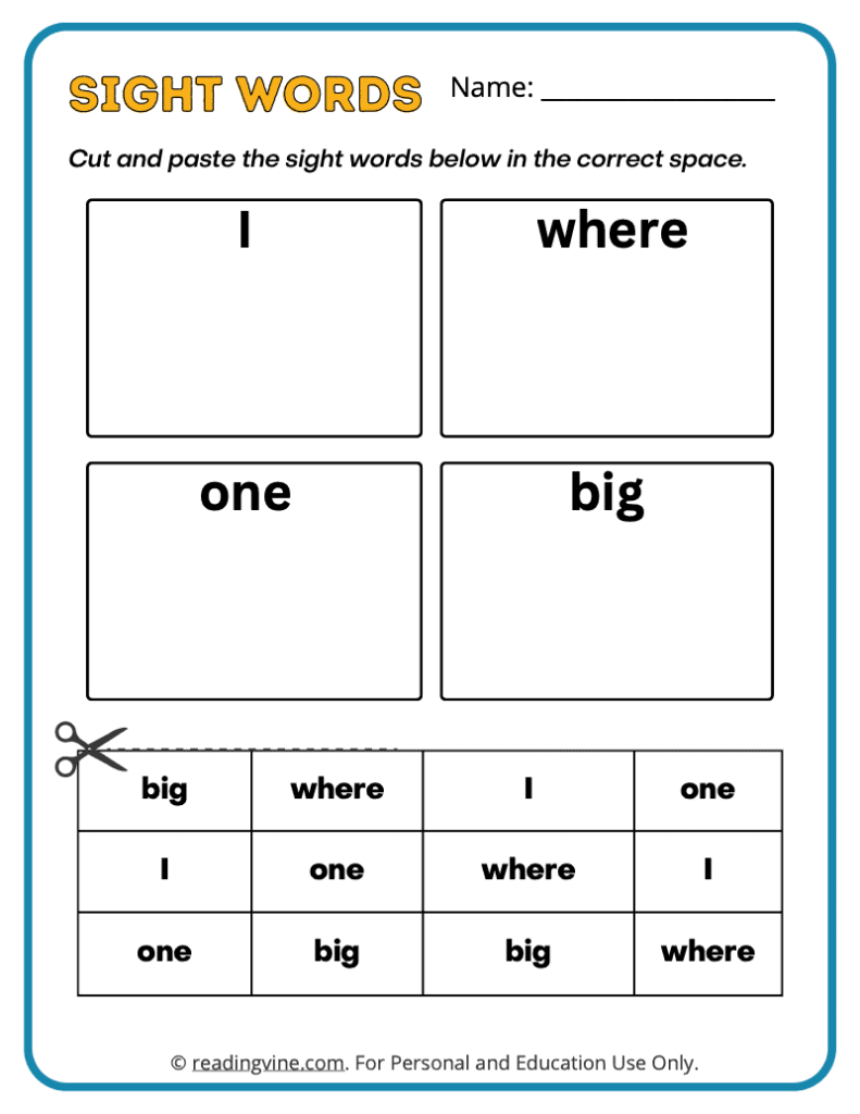 Pre-K Cut Paste Sight Words 3