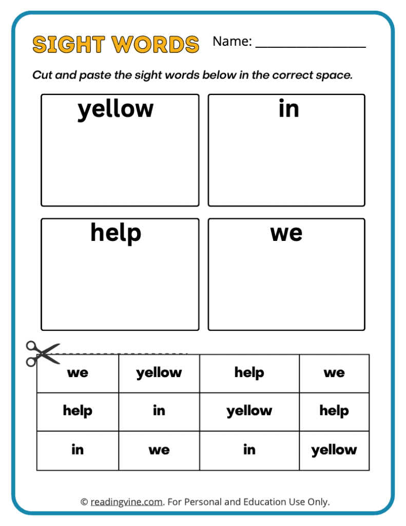Pre-K Cut Paste Sight Words 5