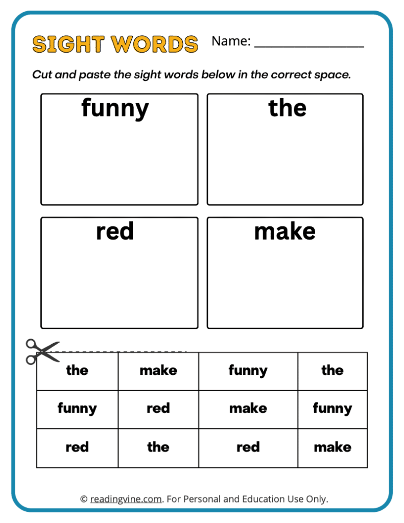 Pre-K Cut Paste Sight Words 6