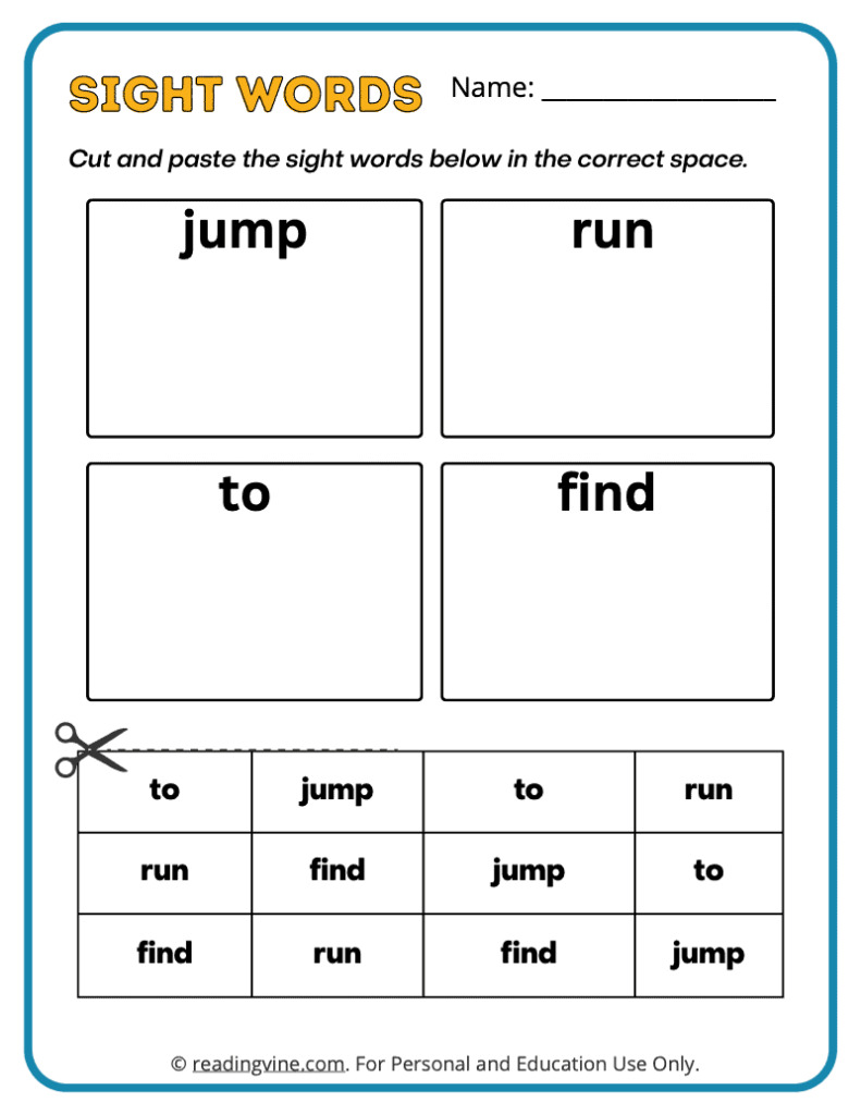 Pre-K Cut Paste Sight Words 7