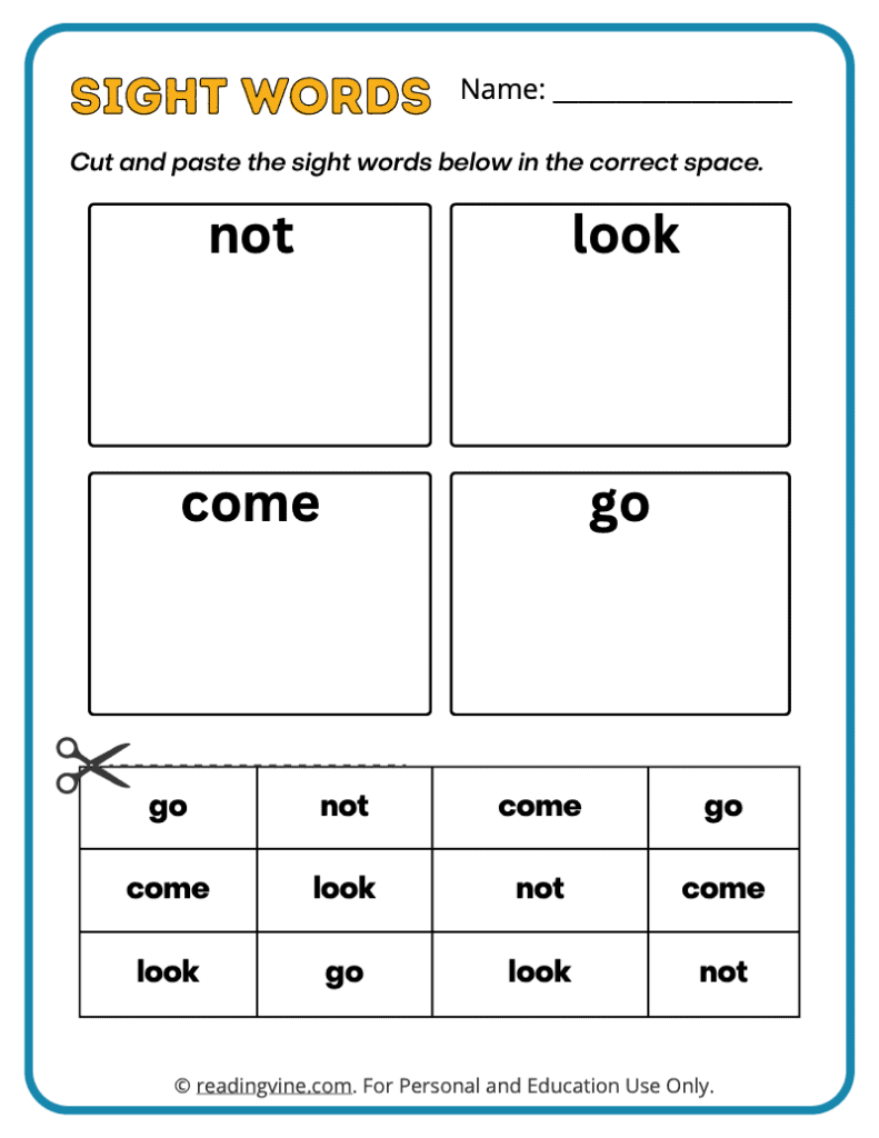 Pre-K Cut Paste Sight Words 9