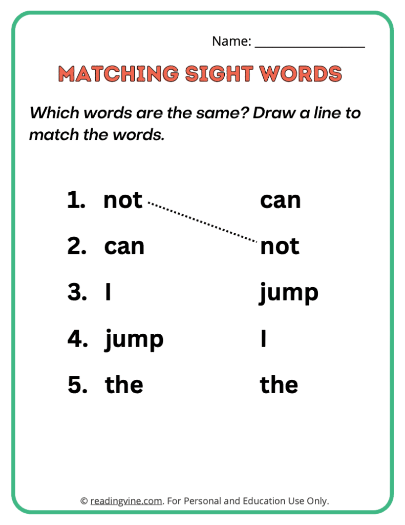 Pre-K Matching Sight Words 1
