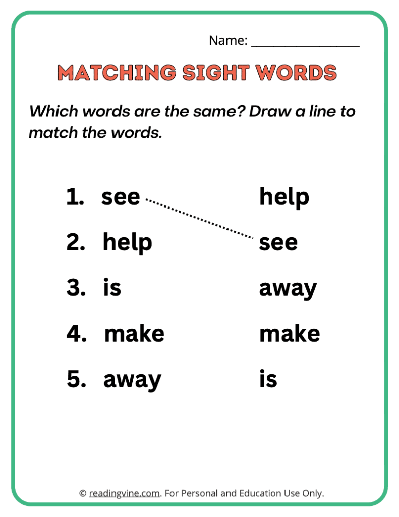 Pre-K Matching Sight Words 2