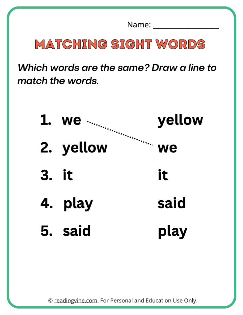 Pre-K Matching Sight Words 3