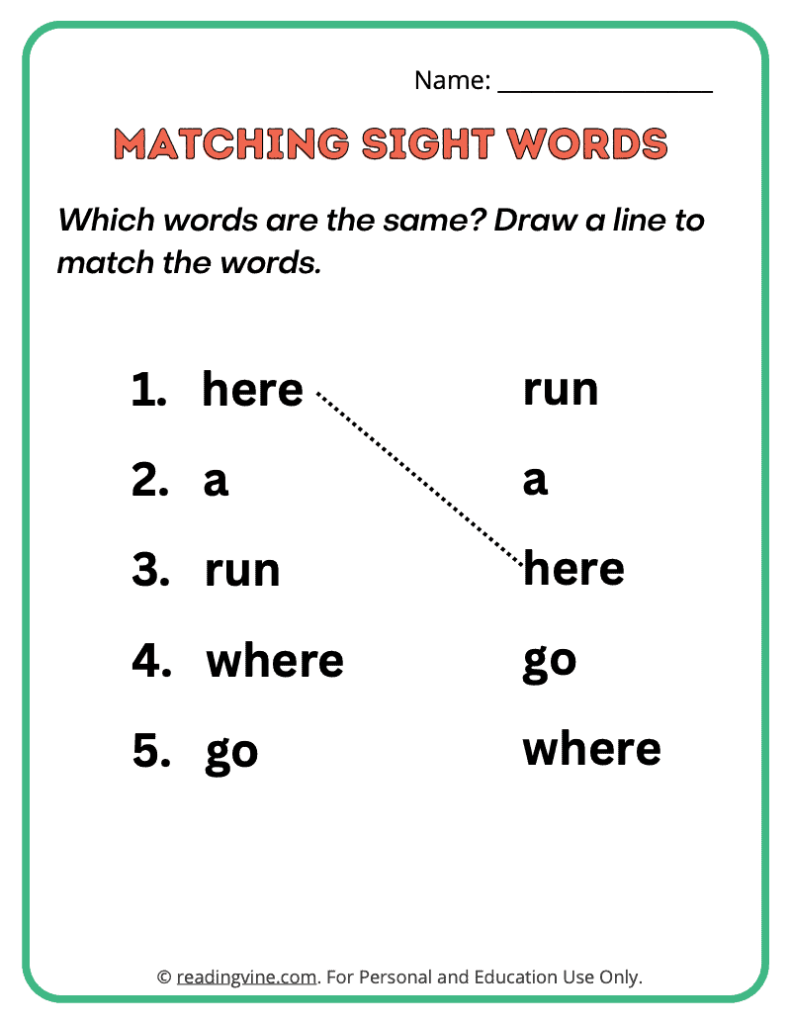 Pre-K Matching Sight Words 5