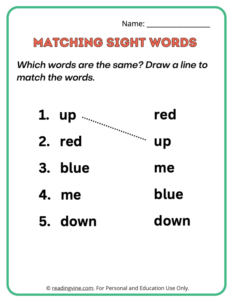 Pre-K Matching Sight Words 6