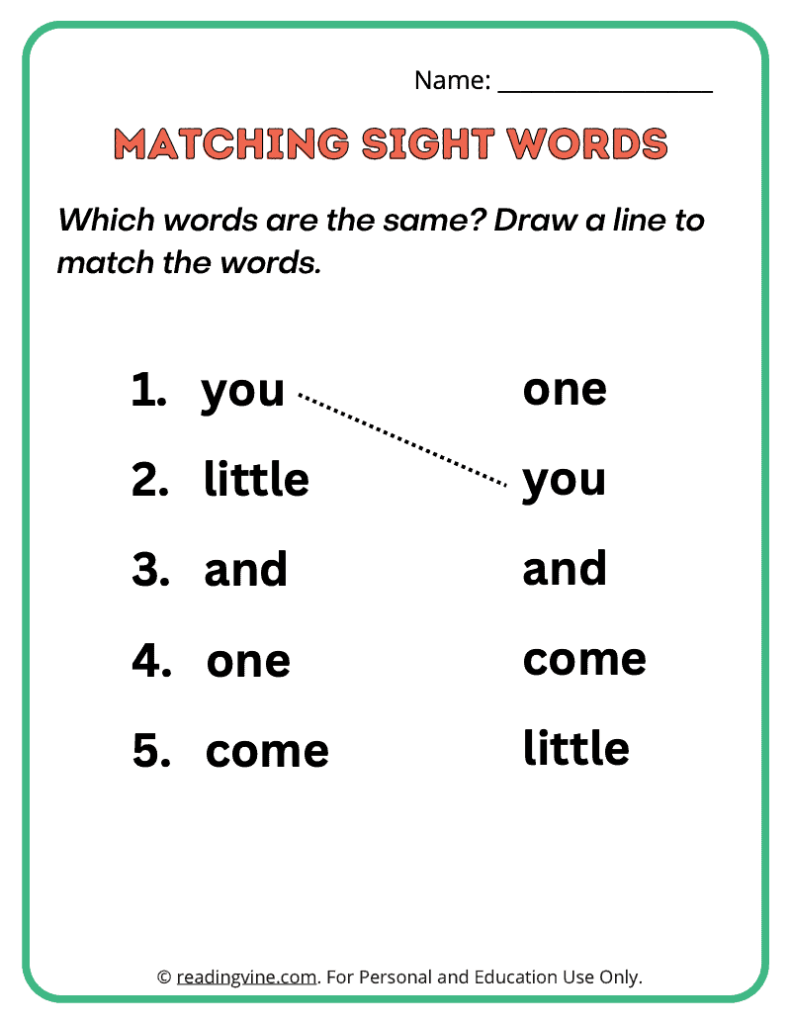 Pre-K Matching Sight Words 8