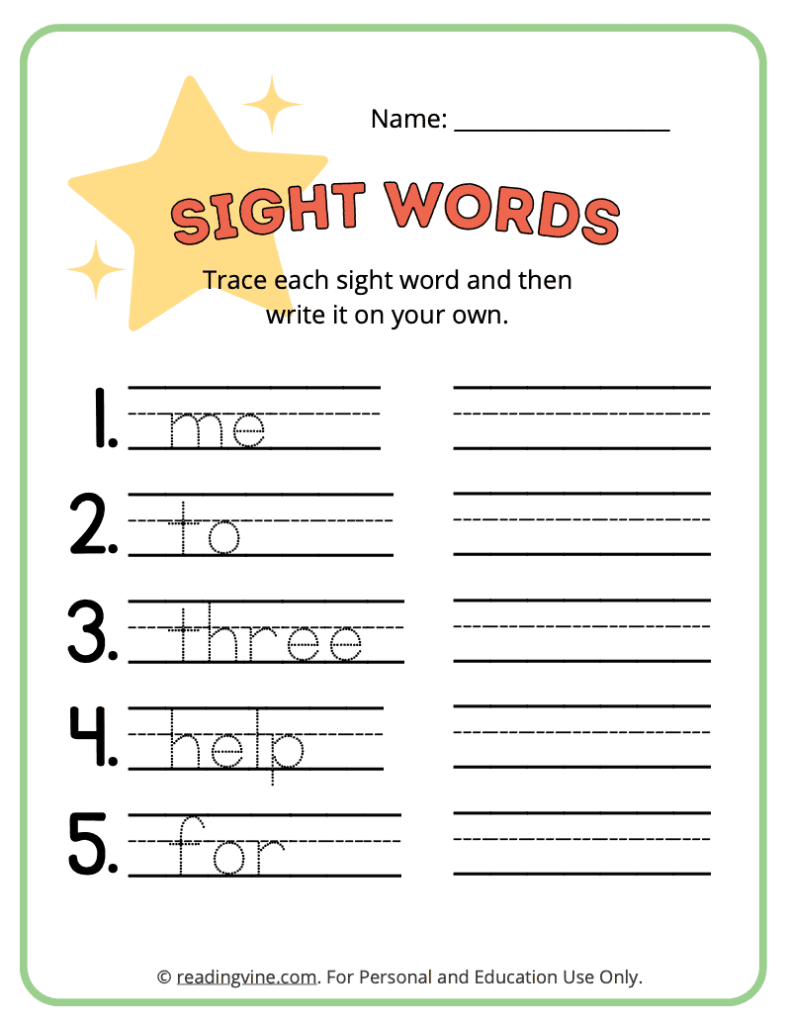 Pre-K Sight Words Tracing Worksheet 2