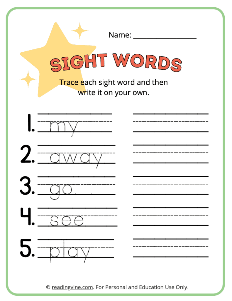 Pre-K Sight Words Tracing Worksheet 3