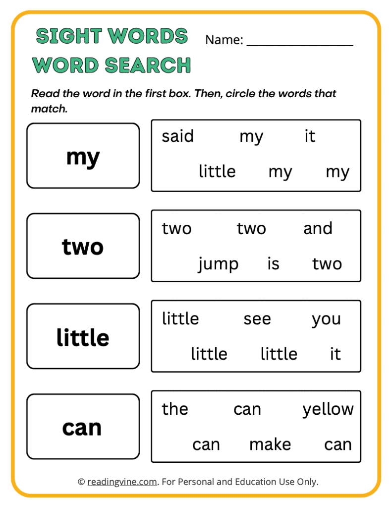 Pre-K Word Search Sight Words 1