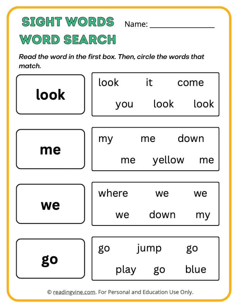 Pre-K Word Search Sight Words 10