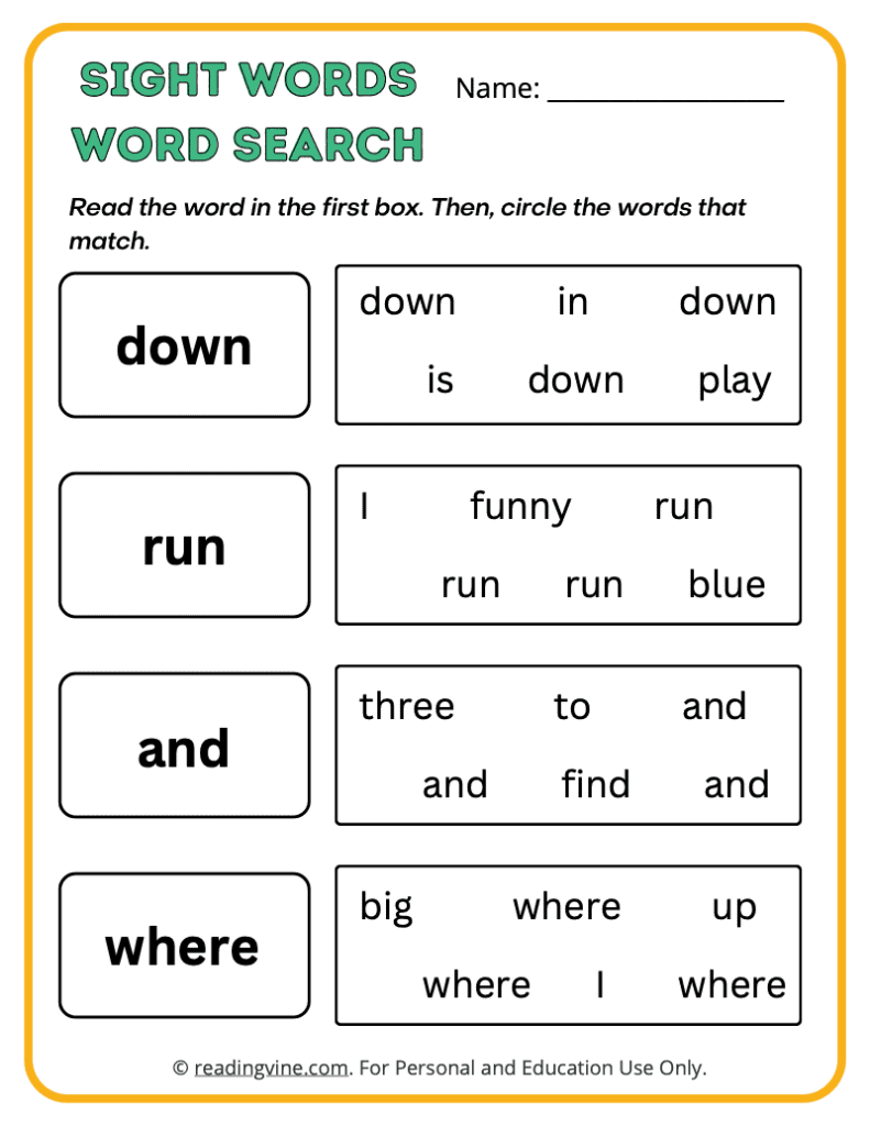 Pre-K Word Search Sight Words 2
